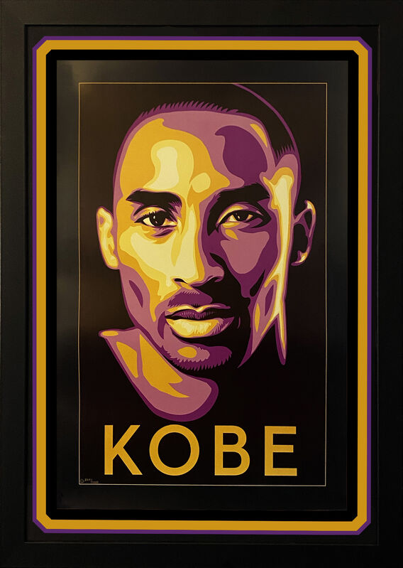 Shepard Fairey, ‘'KOBE' (framed)’, 2008, Print, Offset lithograph on thick, heavy stock art paper.  Custom matted in archival yellow and purple & professionally framed w/UV-protective plexiglass and black hardwood frame., Signari Gallery