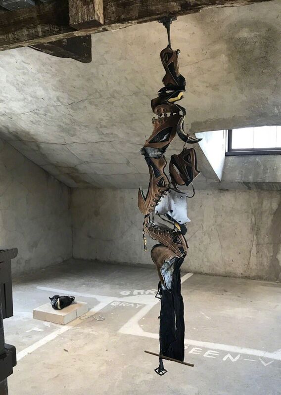 Yi Zhang, ‘evening lead’, 2018, Sculpture, Shoes, chopsticks, metal hook, Migrant Bird Space