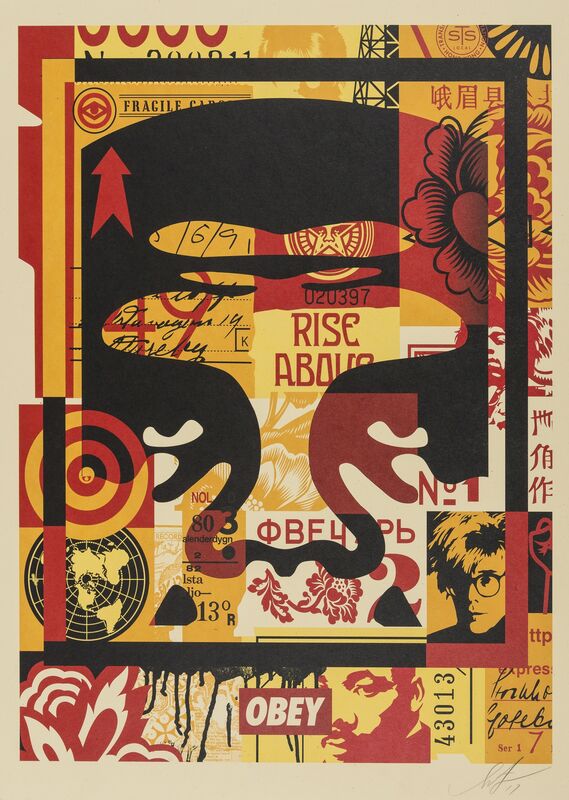 Shepard Fairey, ‘3 Face Collage’, 2011, Print, The complete set of three offset lithographs printed in colours, Forum Auctions