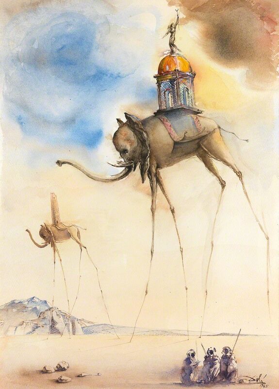 Salvador Dalí, ‘Elephant Spatiaux ’, 1965, Painting, Original mixed media painting (ink, ink wash, watercolor, and ballpoint pen) on cold pressed watercolor paper., Off The Wall Gallery