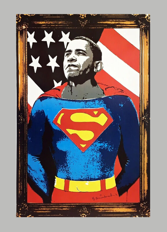 Mr. Brainwash, ‘'Obama Superman' (gold-framed)’, 2008, Print, Screen print on deckled edge, 300gsm fine art paper.  Float-framed on black matting in black hardwood molding., Signari Gallery