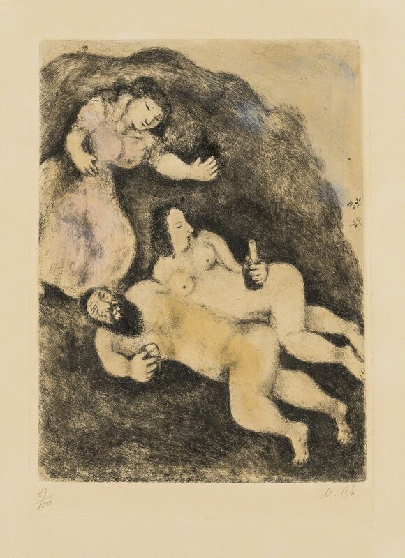 Marc Chagall, ‘The Bible: Lot and his Daughters (See Cramer 30)’, 1958, Print, Etching extensively handcoloured in gouache, Forum Auctions