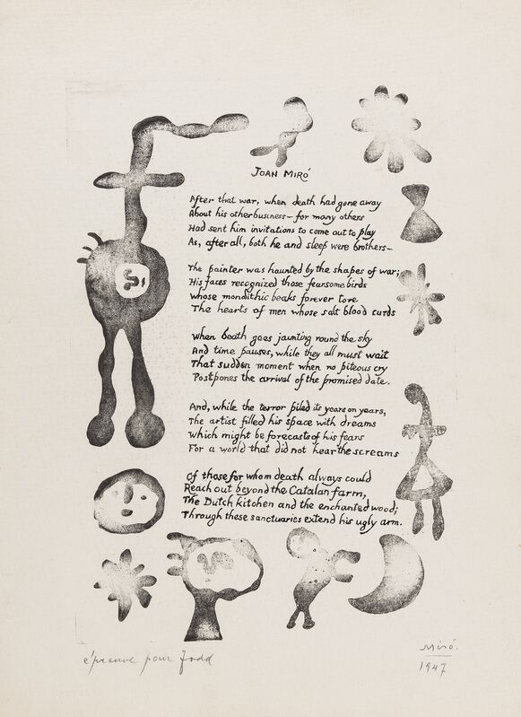 Joan Miró, ‘A Poem for Joan Miró (See Duthuit Vol. 1 p.17)’, 1947, Print, The rare soft-ground etching with engraving, Forum Auctions
