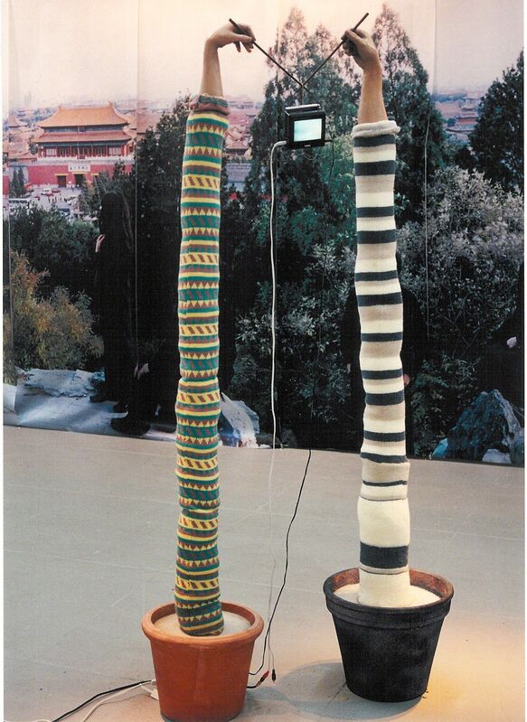 Song Dong & Yin Xiuzhen, ‘United Hands (A)’, 2002, Installation, Video installation, synthetic plastic, sweater, wood and metal chopsticks, flowerpots, cement, LCD monitor, Chambers Fine Art