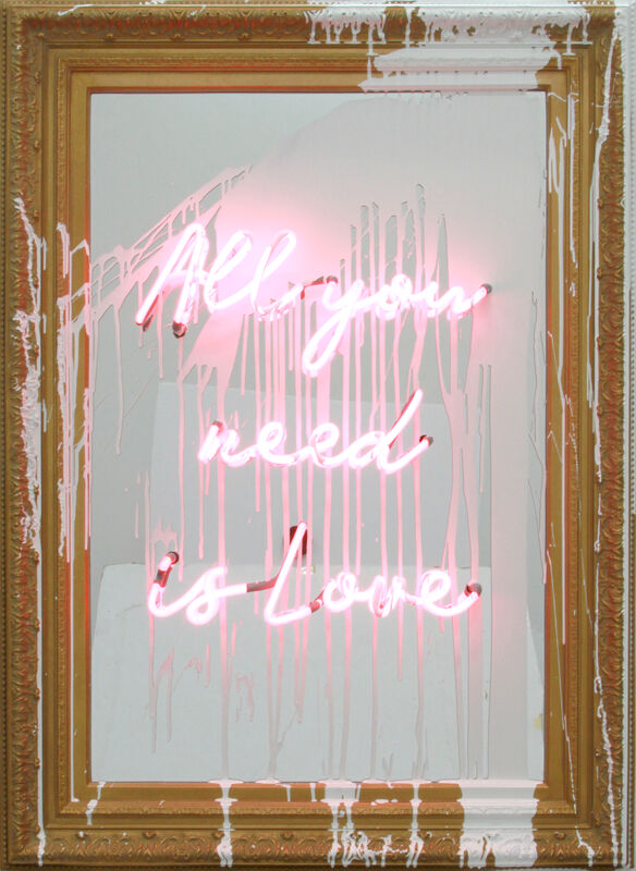 Mr. Brainwash, ‘All You Need Is Love’, 2018, Mixed Media, Neon Lightbulb and Acrylic on Framed Mirror, Cha Cha Gallery