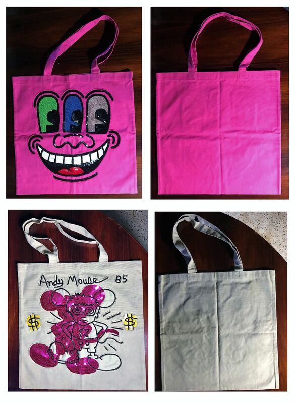 Keith Haring, ‘SET of 2-  "ANDY MOUSE" (taupe) & "3-EYES", Prototype Tote Bags, 2010, House of Patricia Field's, Hand Crafted Sequin/Beaded, RARE’, 2010, Fashion Design and Wearable Art, Hand crafted sequin/beaded., VINCE fine arts/ephemera