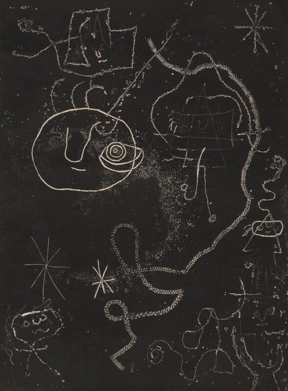 Joan Miró, ‘Petite fille sautant a la  Corde, femmes, Oiseaux (Little Girl Jumping at the Rope, Women, Birds) ’, 1947, Print, Etching, printed relief in black ink, Dolan/Maxwell