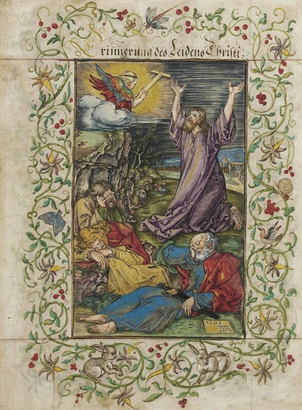 Albrecht Dürer, ‘Christ on the Mount of Olives, from: The Engraved Passion (B., M., Holl. 4; S.M.S. 46)’, 1508, Engraving with watercolour and bodycolour heightened with gold, Christie's Old Masters 