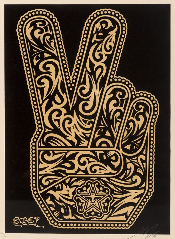 Shepard Fairey, ‘Peace Fingers’, 2006, Print, Screenprint in colors on speckled cream paper, Heritage Auctions