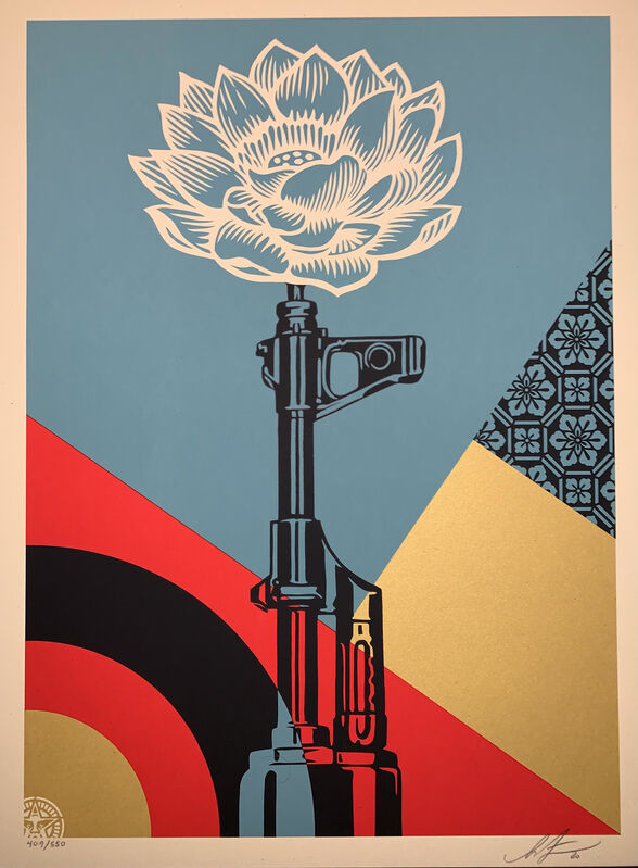 Shepard Fairey, ‘OBEY AK-47 Lotus Shepard Fairey Print Signed and Numbered Street Art Vietnam War Peace ’, 2020, Print, Silkscreen on Fine Art paper with Gold Metallic Inks, New Union Gallery