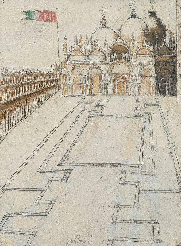 Franco Gentilini, ‘Piazza San Marco’, 1968, Drawing, Collage or other Work on Paper, Oil, sand and ink on paper laid down on canvas, Il Ponte