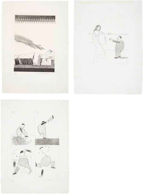 David Hockney, ‘Cold Water about to Hit the Prince; Pleading for the Child; and He Tore Himself in Two, plates 28, 37 and 39 from, Illustrations for Six Fairy Tales from the Brothers Grimm’, 1969, Print, Three etchings, two with aquatint, on Hodgkinson handmade wove paper watermarked 'DH / PP', with full margins., Phillips
