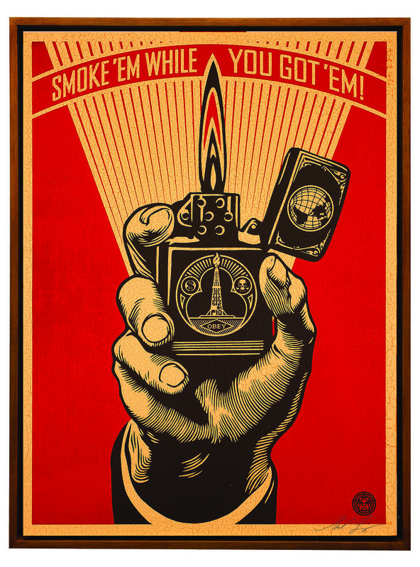 Shepard Fairey, ‘Smoke 'em While You Got 'em’, 2015, Mixed Media, Screen print on wood panel, Underdogs Gallery