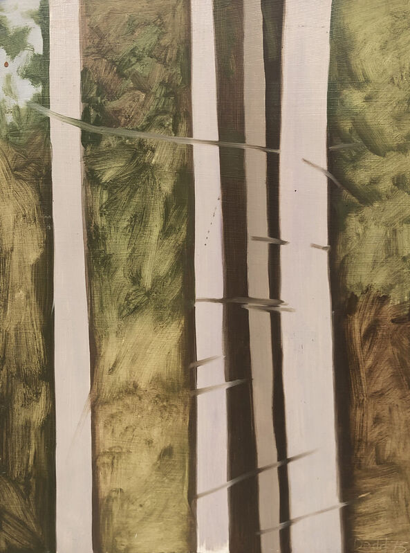Lois Dodd, ‘4 Tree Trunks’, 1975, Painting, Oil on Masonite, Alexandre Gallery
