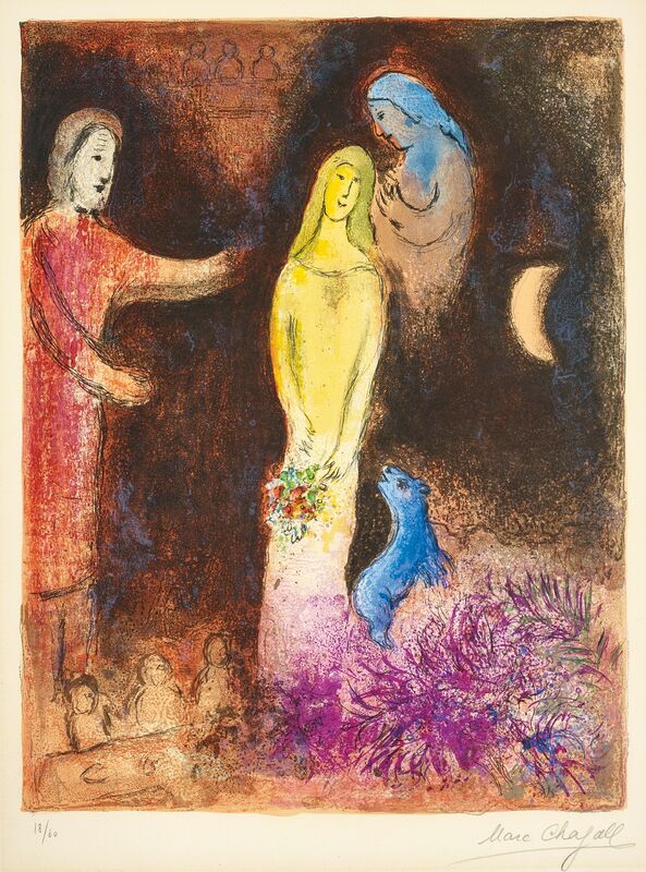Marc Chagall, ‘Chloé vêtue et coiffée par Cléariste (Chloe Dressed and Capped by Cleariste), pl.38 from Daphnis et Chloé’, 1961, Print, Lithograph in colours, on Arches paper, the full sheet, Phillips