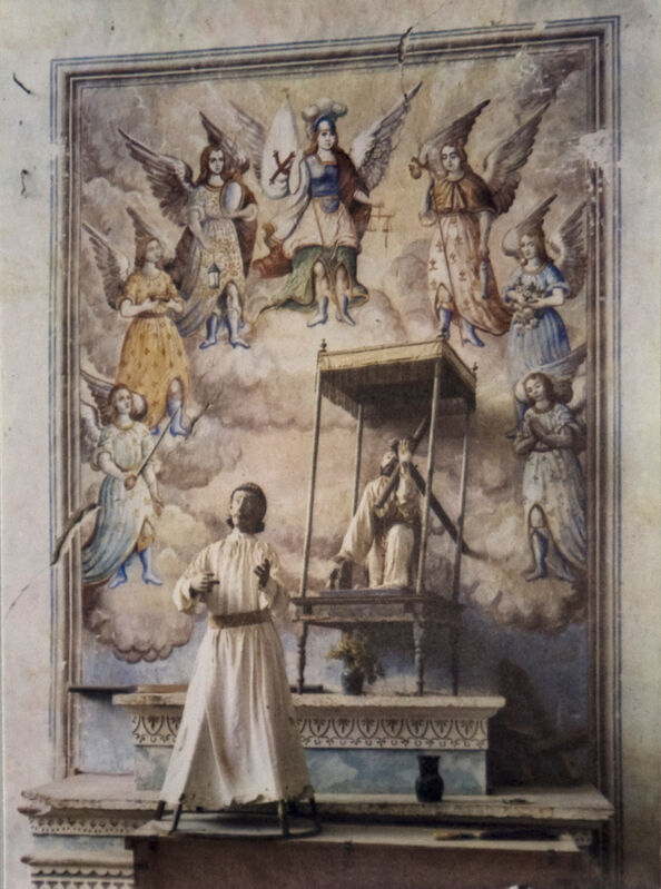 Eliot Porter, ‘Alter with unidentified male saint, Christ carrying cross, and fresco of Archangels, in church of San Miguel Xochitl, Mexico’, 1955, Photography, Vintage dye-transfer print, Scheinbaum & Russek Ltd.