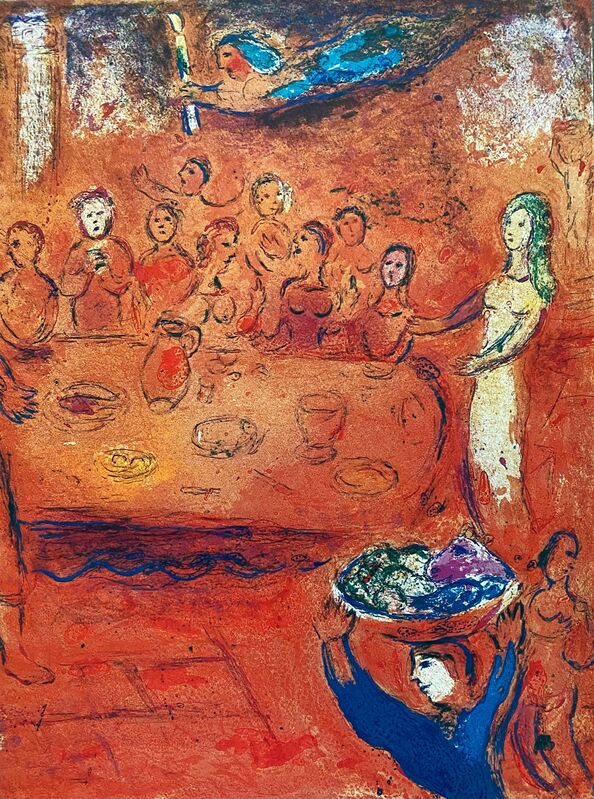 Marc Chagall, ‘“Reconnaîte sa Fille Pendent le Festin (Megacles Recognizes His Daughter During the Feast),” from Daphnis et Chloé (Cramer 46; Mourlot 347)’, 1977, Ephemera or Merchandise, Offset lithograph on wove paper, Art Commerce