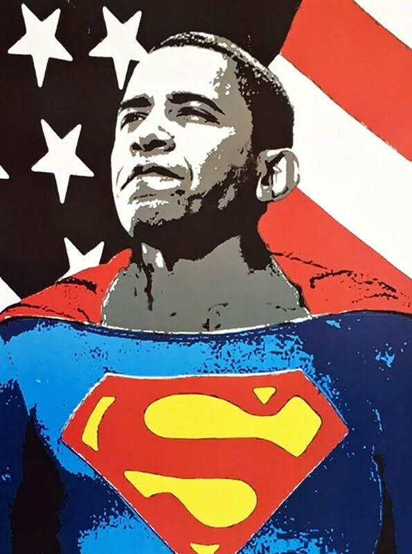 Mr. Brainwash, ‘'Obama Superman' (gold-framed)’, 2008, Print, Screen print on deckled edge, 300gsm fine art paper.  Float-framed on black matting in black hardwood molding., Signari Gallery