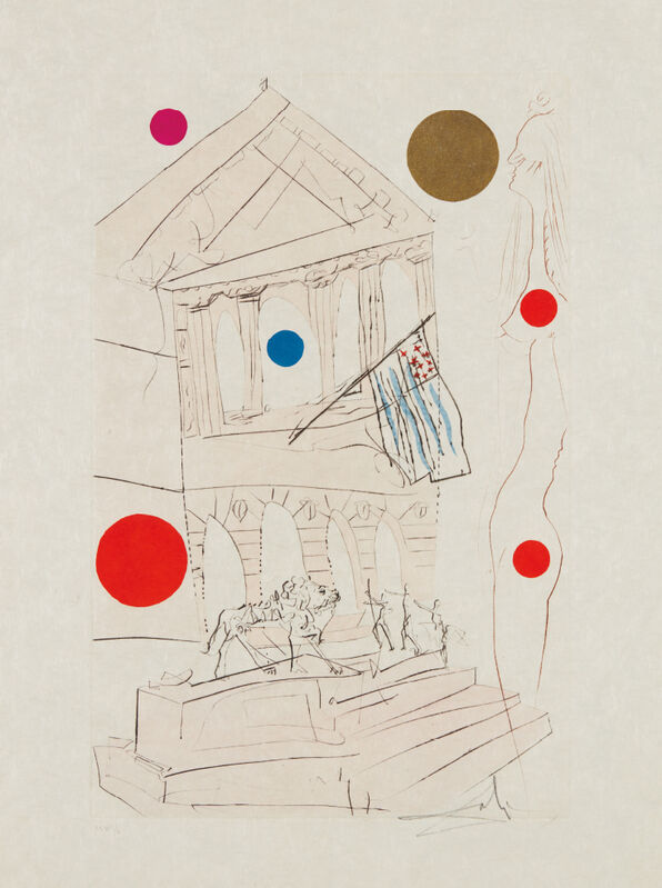 Salvador Dalí, ‘The Art Institute, from Visions of Chicago’, 1972, Print, Drypoint with hand-coloring, on Japanese paper, with full margins, Phillips