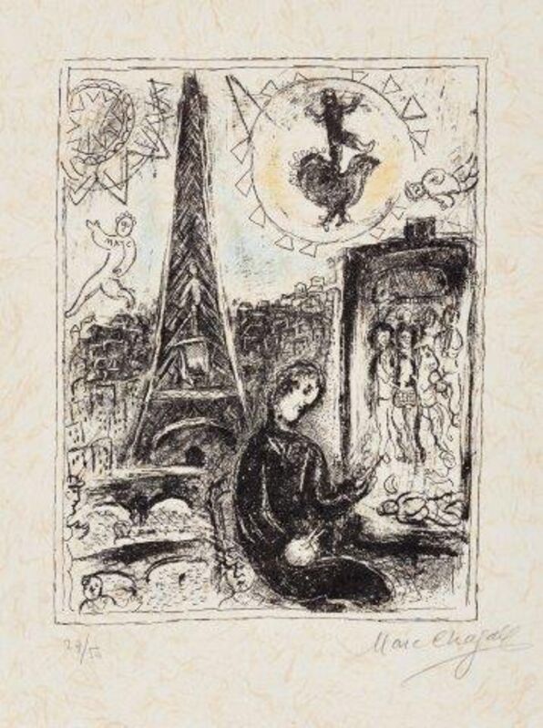 Marc Chagall, ‘Painter at the Eiffel Tower [Mourlot 949]’, 1979, Print, Lithograph in colours on Japon nacré,, Roseberys