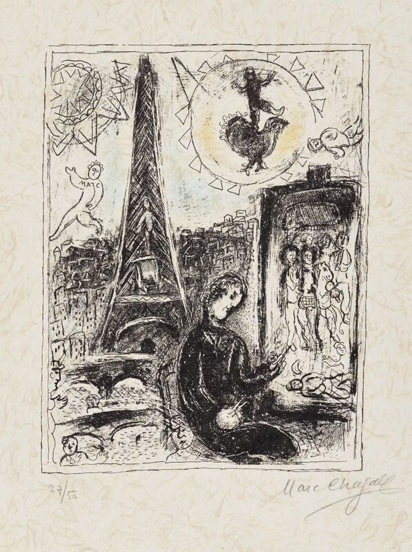 Marc Chagall, ‘Painter at the Eiffel Tower [Mourlot 949]’, 1979, Print, Lithograph in colors on Japon nacré, Roseberys