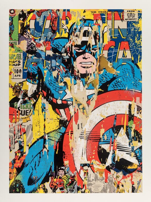 Mr. Brainwash, ‘Captain America’, 2018, Print, Screenprint in colors on hand torn paper, Heritage Auctions
