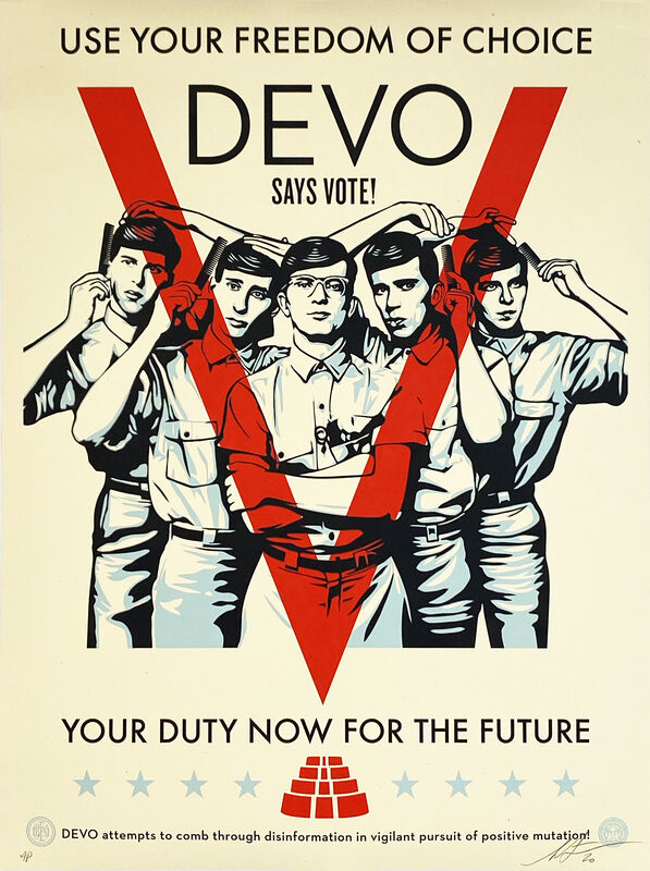 Shepard Fairey, ‘'Devo: Vote!'’, 2020, Print, Screen print on cream, Speckletone fine art paper., Signari Gallery