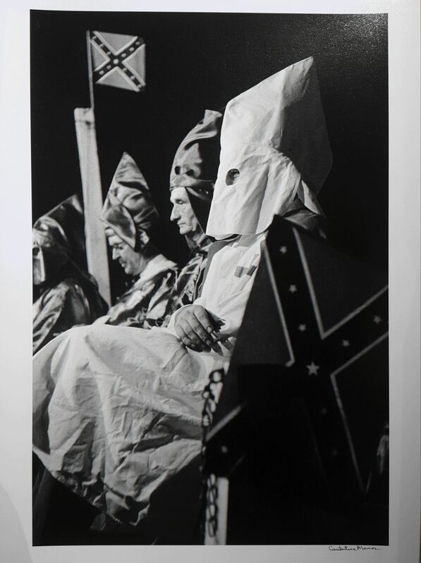Constantine Manos, ‘Ku Klux Klan (klansmen seated with flags), Columbia, South Carolina,’, 1952, Photography, Archival digital pigment print, Robert Klein Gallery