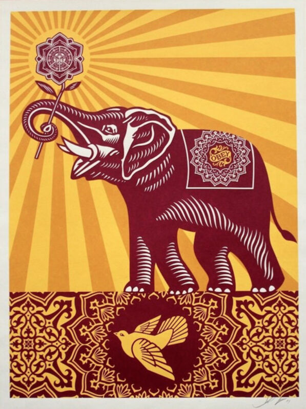 Shepard Fairey, ‘obey holiday peace elephant framed’, Print, Rudolf Budja Gallery