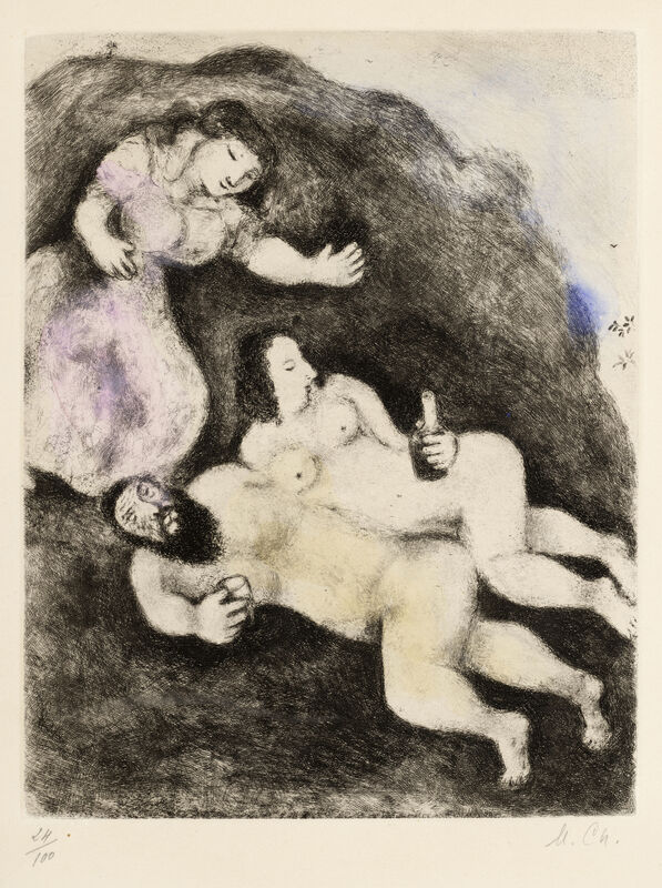 Marc Chagall, ‘Loth et ses filles, from La Bible (Vollard 207; Cramer bk. 30)’, Print, Etching and aquatint with hand coloring in watercolor on Arches paper, Bonhams