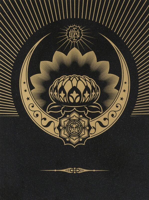 Shepard Fairey, ‘Obey Lotus Crescent (Black & Gold)’, 2013, Print, Screenprint in colours with diamond dust, on Somerset Satin paper, Forum Auctions