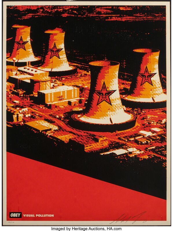 Shepard Fairey, ‘Visual Pollution Smoke Stacks’, 2001, Print, Screenprint in colors on speckled paper, Heritage Auctions