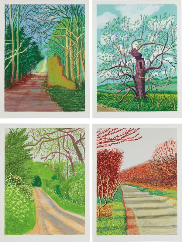 David Hockney, ‘March 19; March 21; May 16; and May 18, from The Arrival of Spring in Woldgate, East Yorkshire in 2011 (twenty eleven)’, 2011, Print, Four iPad drawings in colors, printed on wove paper, with full margins, Phillips