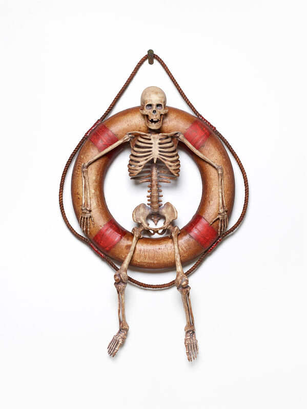 Nancy Fouts, ‘Life Saver 1’, 2014, Sculpture, Skeleton, foam/fabric life saver, rope, paint, Hang-Up Gallery