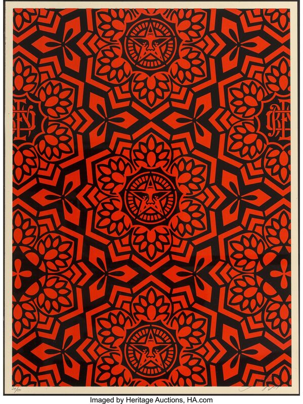 Shepard Fairey, ‘Yen Pattern (Gold and Red/Black)’, 2007, Print, Screenprints in colors on cream speckled paper, Heritage Auctions