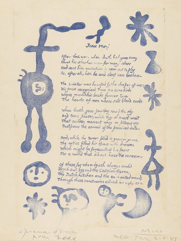Joan Miró, ‘Ruthven Todd. A Poem For Joan Miro Plate III (Cramer Books 14)’, 1947, Print, Engraving with etching printed in blue on stiff wove paper, Forum Auctions