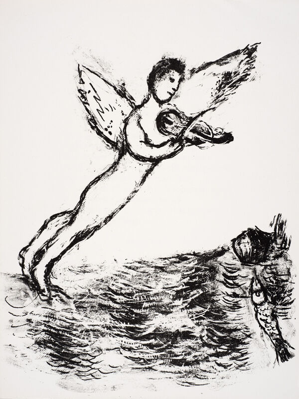 Marc Chagall, ‘Ariel posed above the sea, playing the violin.’, 1975, Print, Lithograph, Ben Uri Gallery and Museum 