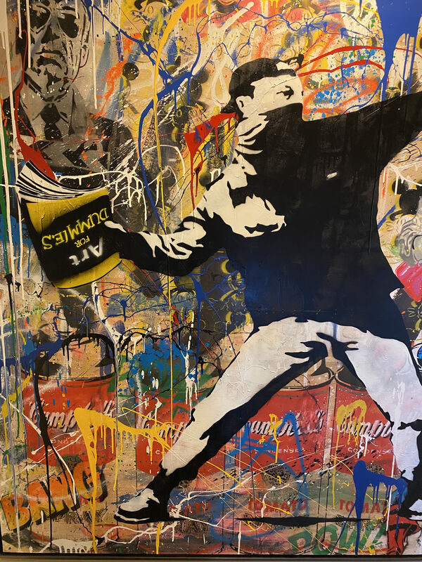 Mr. Brainwash, ‘"Bansky Thrower"’, 2014, Painting, Stencil, paper, spray-paint and acrylic on wood, Parlor Gallery