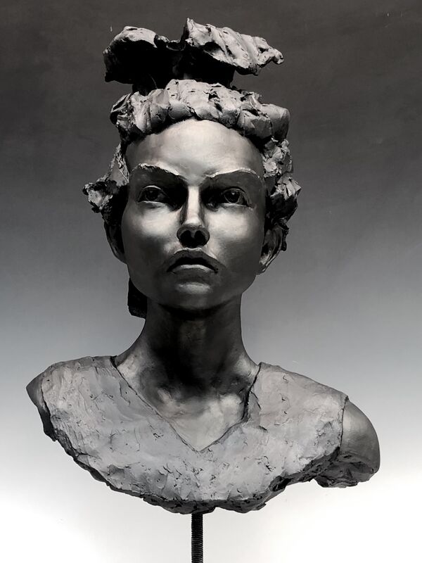BOB CLYATT, ‘Woman’s Head- Green Day’, 2019, Sculpture, Stoneware, patina,, steel pedestal, Maria Elena Kravetz