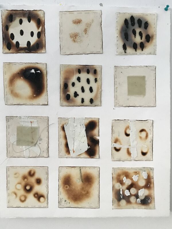 Amy Weil, ‘Burnt Impressions’, 2020, Drawing, Collage or other Work on Paper, Collaged waxed paper and thread on paper, 440 Gallery 