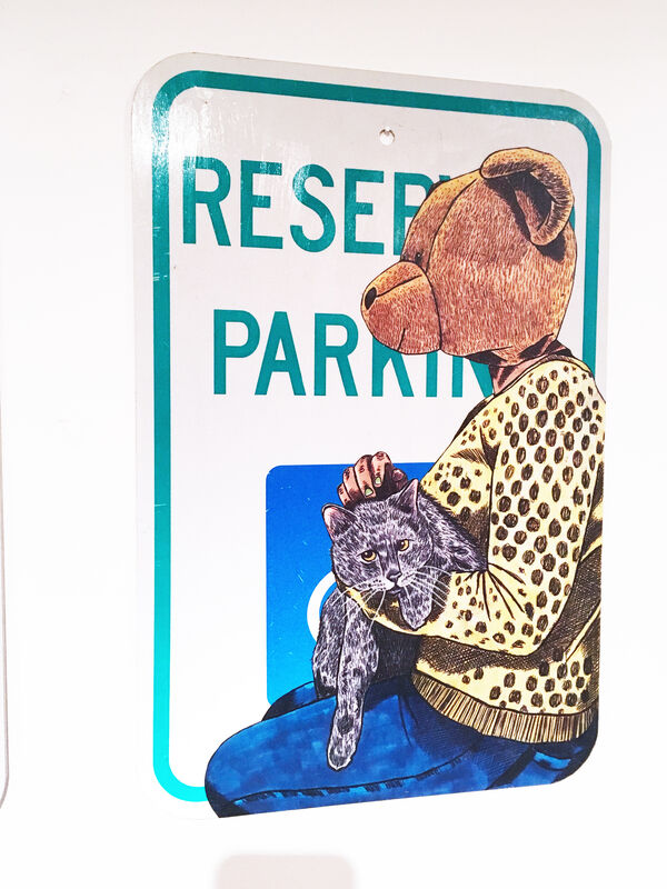 Sean 9 Lugo, ‘Cat Lady (Yellow)’, 2019, Painting, Marker and pen on paper glued to street sign, Deep Space Gallery