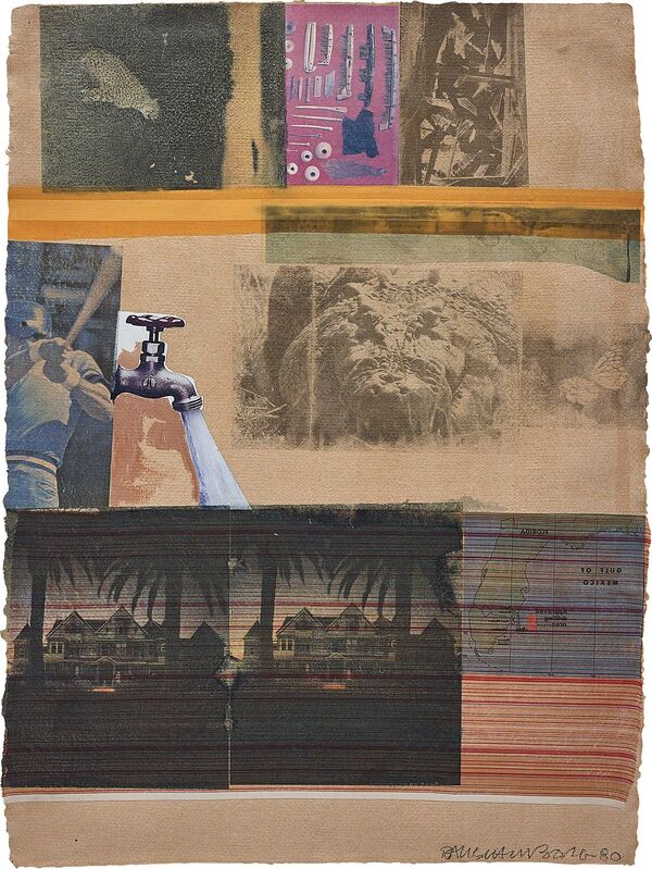 Robert Rauschenberg, ‘Tiller’, 1980, Mixed Media, Solvent transfer, acrylic, fabric and paper collage on paper, Phillips