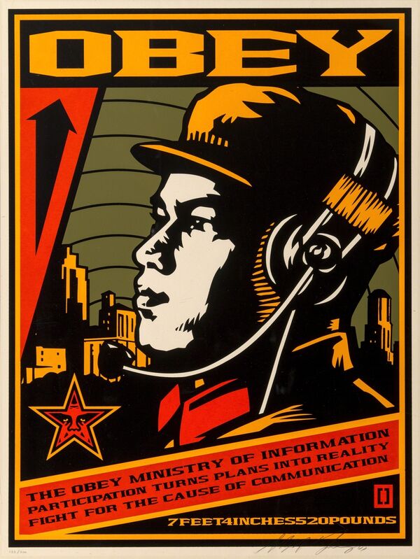 Shepard Fairey, ‘Ministry of Information’, 2001, Print, Screenprint in colors on speckled cream paper, Heritage Auctions
