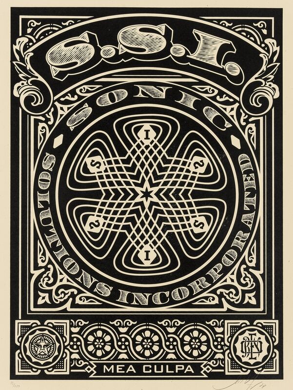 Shepard Fairey, ‘SSI (Sonic Solutions Incorporated) Mea Culpa (black)’, 2008, Print, Screenprint in colours, Forum Auctions