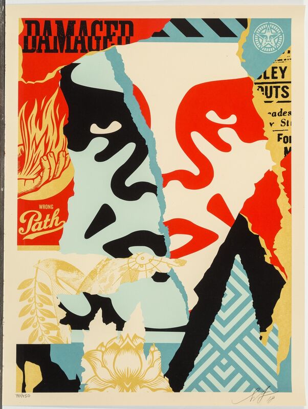 Shepard Fairey, ‘Damaged’, 2018, Print, Screenprint in colors on speckled cream paper, with gold mettalic accents, Heritage Auctions