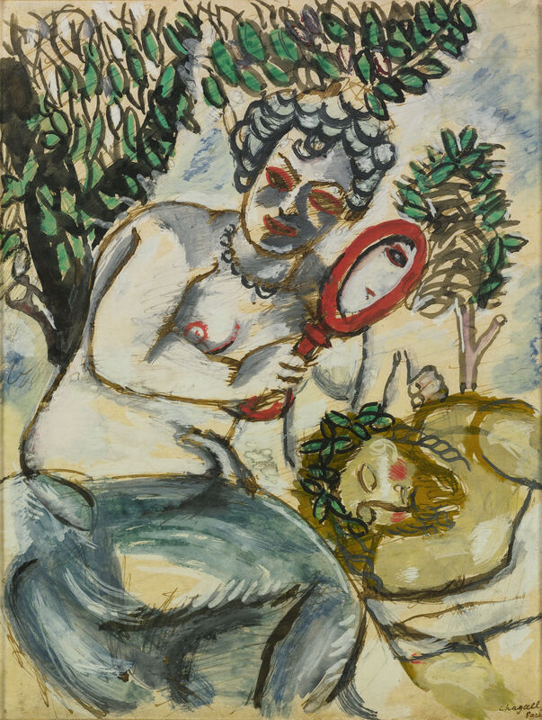 Marc Chagall, ‘Samson and Delilah (Le Miroir)’, 1911, Drawing, Collage or other Work on Paper, Watercolour and gouache on paper, Omer Tiroche Gallery
