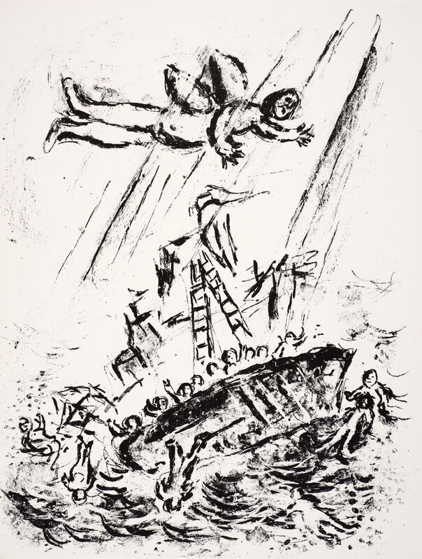 Marc Chagall, ‘Ariel flies above the sinking ship, weaving his way through the rays of lightning.’, 1975, Print, Lithograph, Ben Uri Gallery and Museum 