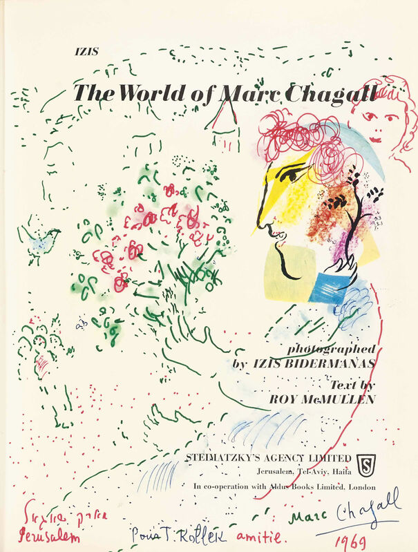 Marc Chagall, ‘Autoportrait et bouquet de fleurs et oiseau pour T. Kollek’, 1969, Drawing, Collage or other Work on Paper, Felt-tip pen and ballpoint pen on paper, Galerie Michael