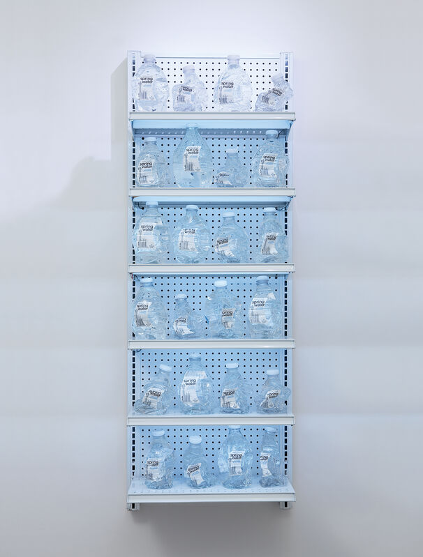 Josh Kline, ‘it's clean, it's natural, we promise.’, 2011, Mixed Media, 24 Duane Reade bottles boiled in their own water, plastic infused spring water and commercial metal shelving, Phillips