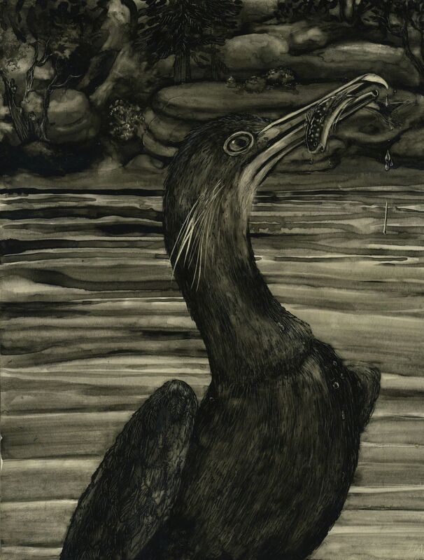 Helen Stanley, ‘Cormorant’, 2004, Painting, Graphite and watercolor on clapboard, Seager Gray Gallery